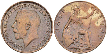 Великобритания 1/2 пенни 1924 Георг V (1910-1936) KM 809, Spink 4056 бронза 117-954