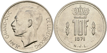 Люксембург 10 франков 1971 Великий герцог Жан (1964-2000) KM 57 никель 4120-1136