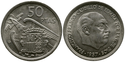 Испания 50 песет 1957 (60) Франциско Франко (1939-1975) KM 788 медно-никель 3334-111