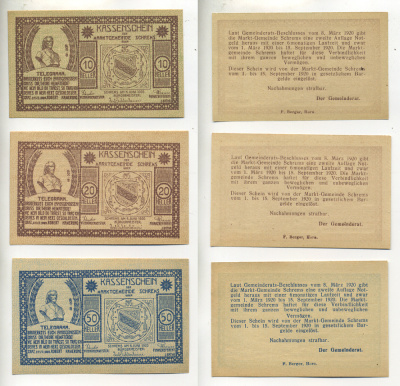 АВСТРИЯ НАБОР ИЗ 3 БАНКНОТ 1920 8 ИЮНЯ 1920- 15 СЕНТЯБРЯ 1920, НОТГЕЛЬД, 10, 20, 50 ГЕЛЛЕРОВ, SCHREMS бумага aUNC 7217-28-1