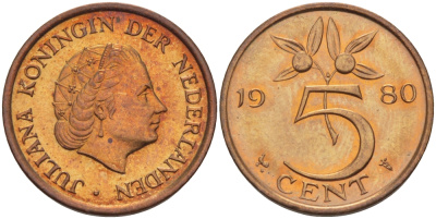 Нидерланды 5 центов 1980 Юлиана (1948-1980) KM 181 бронза aUNC 31-942