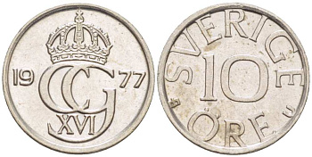 Швеция 10 эре 1977 U, Карл XVI Густав (1973- ) KM 850 медно-никель 4516-445