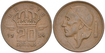 БЕЛЬГИЯ 20 САНТИМОВ 1954 BELGIE KM 147.1 бронза 214-121