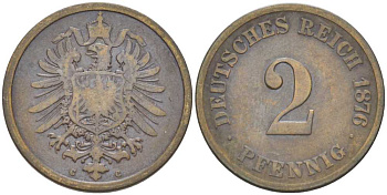 Германия 2 пфеннига 1876 C, старогербовка KM 2, Jager 2, Weege 3 медь 212-623