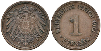 Германия 1 пфенниг 1911 D KM 10, J. 10 медь 4576-216