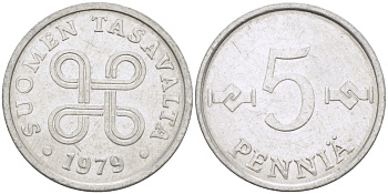 ФИНЛЯНДИЯ 5 ПЕННИ 1979 KM 45а алюминий 100-165