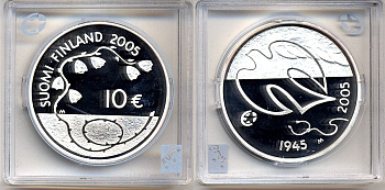 Финляндия 10 евро 2005 60 лет мира в Европе, голубь мира KM 120 серебро PROOF 5-3-1-45