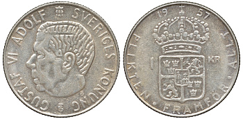 Швеция 1 крона 1957 TS, Густав VI Адольф (1950-1973) KM 826 серебро 4178-736