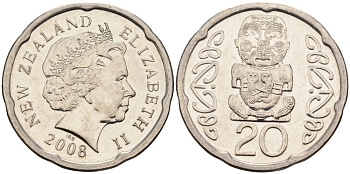 Новая Зеландия 20 центов 2008 Елизавета II (1952-2022), идол Пукаки KM 118а никелированная сталь 4579-1213
