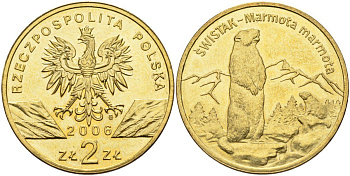 Польша 2 злотых 2006 MW, серия всемирная природа, альпийский сурок KM 534, Parchimowicz 988 нордик UNC 4676-337
