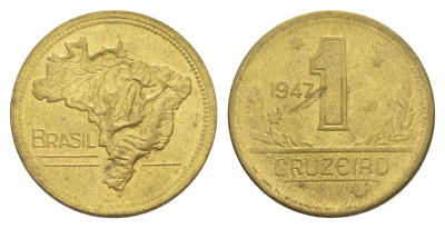 Бразилия 1 крузейро 1947 KM 558 алюминиевая бронза 4642-1211