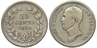НИДЕРЛАНДЫ 25 ЦЕНТОВ 1848 ВИЛЬЯМ II KM 76 серебро 443-613