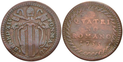 ВАТИКАН КВАТТРИНО 1755 ГОД XVI, ПАПА БЕНЕДИКТ XIV (1740-1758), QVATRI/NO/ROMANO KM 1176 (C1b) медь 3896-1543