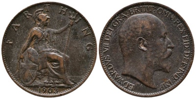 Великобритания 1 фартинг 1903 Эдуард VII (1901-1910), KM 792, Spink 3992 бронза 117-412