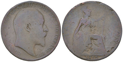 Великобритания 1/2 пенни 1910 Эдуард VII (1901-1910) KM 793.2, Spink 3991 бронза 4616-723