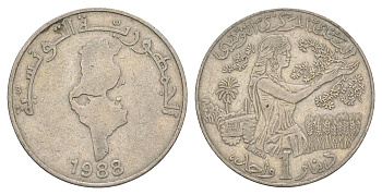 Тунис 1 динар 1988 KM 319 медно-никель 4402-326