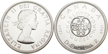 Канада 1 доллар 1964 100 лет Квебеку (Шарлоттаун) KM 58 серебро UNC 1087-9-71