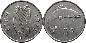 Ирландия 10 пенсов 1975 лосось KM 23 медно-никель 215-634