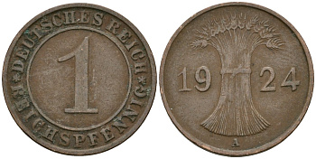 Германия 1 рейхспфенниг 1924 A KM 37, J. 313 бронза 4189-1053