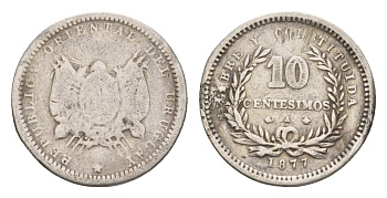 Уругвай 10 сентесимо 1877 A KM 14 серебро 4655-458