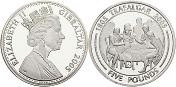 Гибралтар 5 фунтов 2005 Трафальгарское сражение, генеральский совет серебро PROOF 1095-1-62