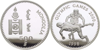 Монголия 500 тугриков 1998 XXVII летние Олимпийские игры 2000 года в Сиднее, борьба KM 156 серебро PROOF 1080-1-23