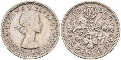 Великобритания 6 пенсов 1962 Елизавета II (1952-2022) KM 903, Spink 4149 медно-никель    4152-1211