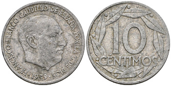 Испания 10 сентимо 1959 Франсиско Франко (1939-1975) KM 790 алюминий 4602-1215