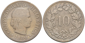 Швейцария 10 раппенов 1880 В KM 27 медно-никель 188-366