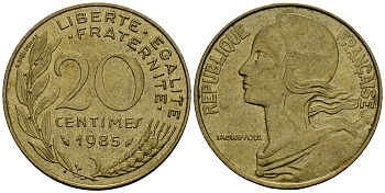Франция 20 сантимов 1985 тип Marianne KM 930 медь алюминий никель 4135-623