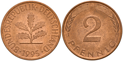 ФРГ 2 пфеннига 1995 F J.381a, KM 106a сталь плакированная медью    4598-937