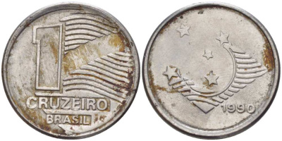 Бразилия 1 крузейро 1990 KM 617 нержавеющая сталь 201-813