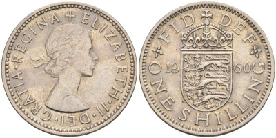 Великобритания 1 шиллинг 1960 Елизавета II (1952-2022), Английский герб KM 904, Spink 4147 медно-никель 4114-1235