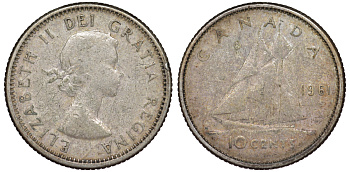 КАНАДА 10 ЦЕНТОВ 1961 KM 51 серебро 4178-244