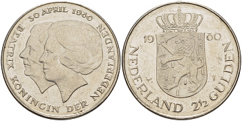 Нидерланды 2 1/2 гульдена 1980 коронация Беатрикс, 30 апреля 1980 KM 201 никель 38-122