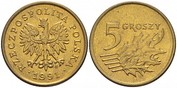 ПОЛЬША 5 ГРОШЕЙ 1991 MW KM 278 латунь 112-1162
