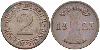 ГЕРМАНИЯ 2 РЕНТЕНПФЕННИГА 1923 F KM 31, J. 307 бронза 4532-537