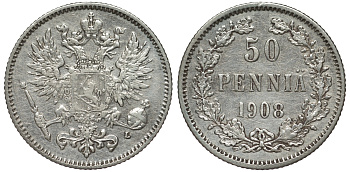 Россия для Финляндии 50 пенни 1908 L, Николай II (1894-1917) КМ 2.2, Биткин 403 серебро 75-835