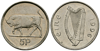 Ирландия 5 пенсов 1996 бык KM 28 медно-никель 4136-925