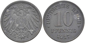 ГЕРМАНИЯ 10 ПФЕННИНГОВ 1917 KM 26, J.299, Weege 8 цинк 202-211