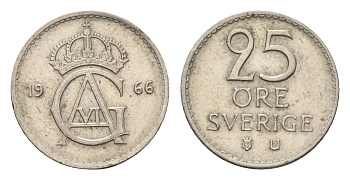Швеция 25 эре 1966 U, Густав VI Адольф (1950-1973) KM 836 медно-никель 116-821