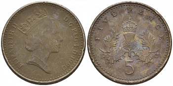 Великобритания 5 пенсов 1990 Елизавета II (1952-2022) KM 937b, Spink 4372 (D4) медно-никель 112-1147