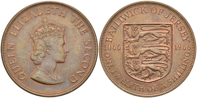 Джерси 1/12 шиллинга 1966 900 лет Нормандскому завоеванию KM 26 бронза UNC 4583-441