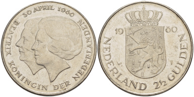 Нидерланды 2 1/2 гульдена 1980 коронация Беатрикс, 30 апреля 1980 KM 201 никель 38-122
