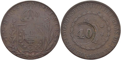 Бразилия 40 рейс 1835 провинция ICO, надчеканка на 80 рейсах 1830R Педро I KM 444.1 медь    4527-1025