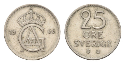 Швеция 25 эре 1966 U, Густав VI Адольф (1950-1973) KM 836 медно-никель 116-821