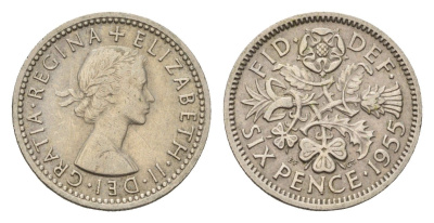 Великобритания 6 пенсов 1955 Елизавета II (1952-2022) KM 903, Spink 4149 медно-никель 100-527