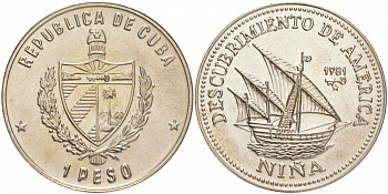 Куба 1 песо 1981 500 лет открытию Америки - "Нинья" KM 66 медно-никель  BU 189-736