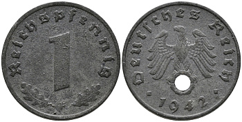 ГЕРМАНИЯ 1 РЕЙХСПФЕННИГ 1942 F KM 97, J.369 цинк 96-743