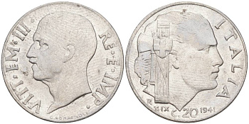 ИТАЛИЯ 20 ЧЕНТЕЗИМО 1941 R, ГОД XIX, ВИКТОР ЭММАНУИЛ III (1900-1946) KM 75b, VEM3. 1028 нержавеющая сталь 3853-1144
